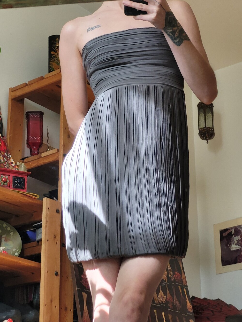 Theory Karolina NWT Strapless Pleated 100% Silk Gray Mini Dress In Cadmium - 4